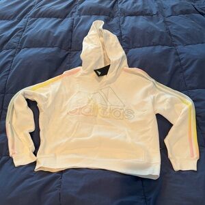 NWT- Adidas Girls Loose Fit White Hoodie with Pastel Logo & Stripes - Large (14)